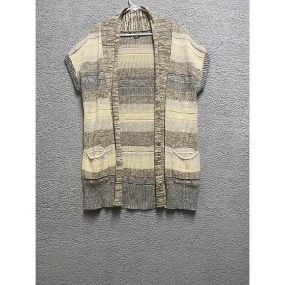 Eddie Bauer Cardigan Sweater Sleeveless Open Front Beige Ivory Stripe Size M - Picture 1 of 8